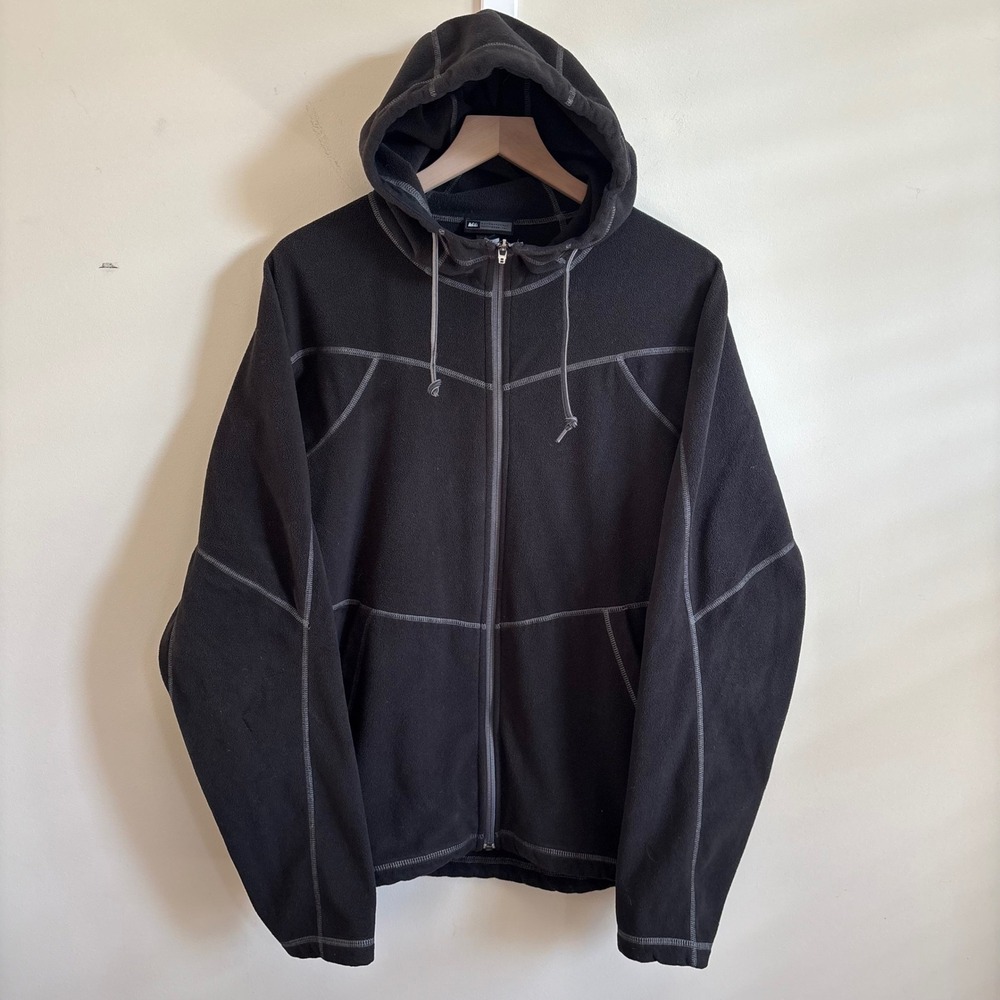 REI Mens Fleece Hoodie Black Full Zip Contrast Stitch Jacket Large